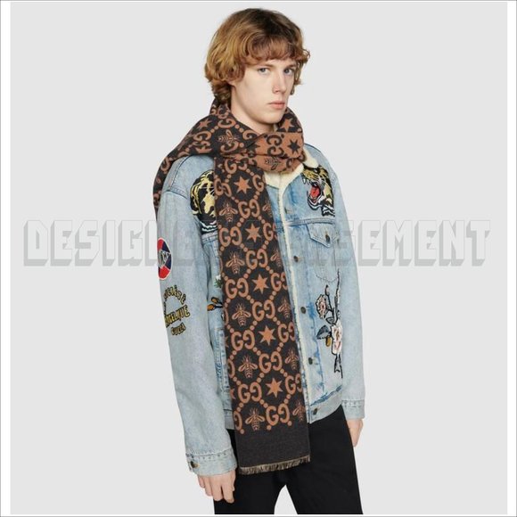 GUCCI brown & charcoal CONSTELLATION Bee GG Stars wool reversible long scarf NWT - Picture 9 of 10